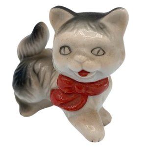 Vintage Japanese Made Kitty Cat Figurine Red Bow 3 Inches Tall 2.5 Inches Long